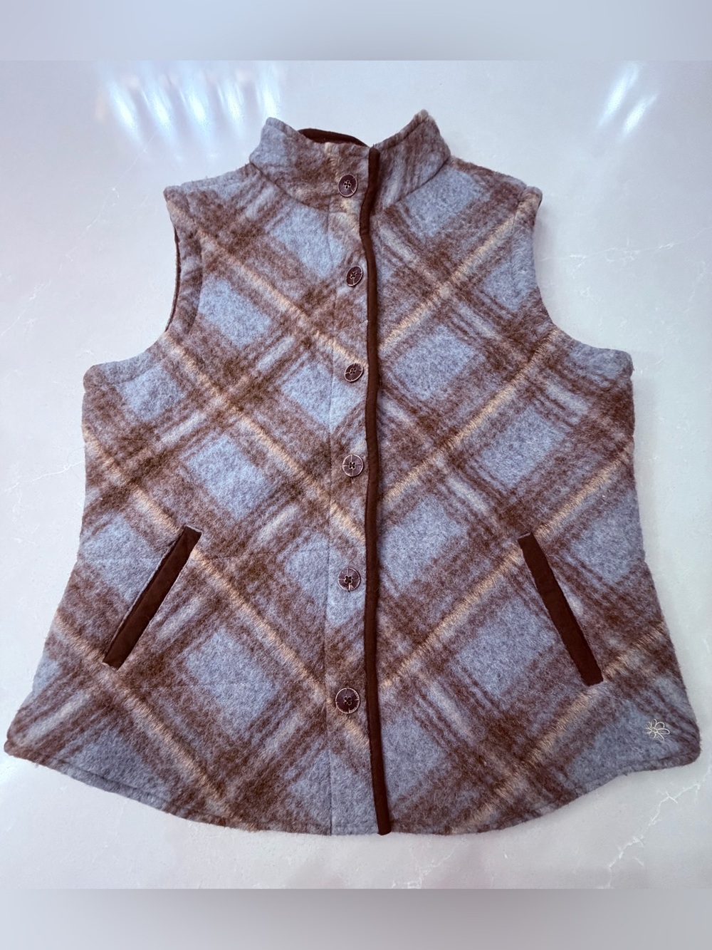 Aventura Clothing Plaid Button Front Wool Blend Vest Brown Blue Size L